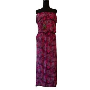 Pink Peacock Motif Strapless Maxi Dress Medium